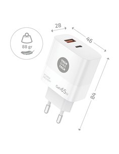 Cargador notebook/móvil 65w gan pd + cable 1,2m 5a tech one tech 2