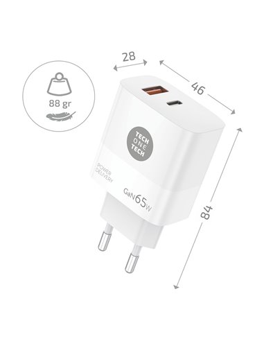 Cargador notebook/móvil 65w gan pd + cable 1,2m 5a tech one tech