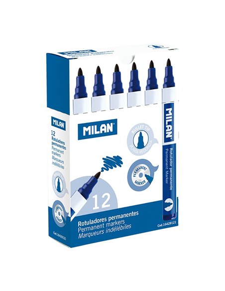Pack con 12 rotuladores azules permantenes. punta redonda milan