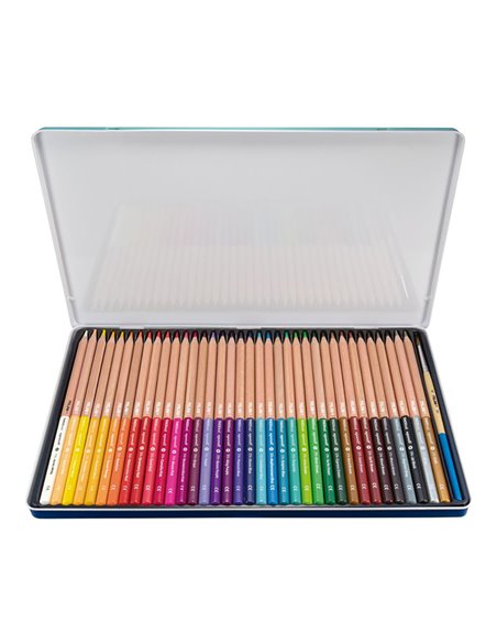 Caja metálica con 36 lápices de colores acuarelables mina gruesa ø3,5mm hexagonales + pincel milan