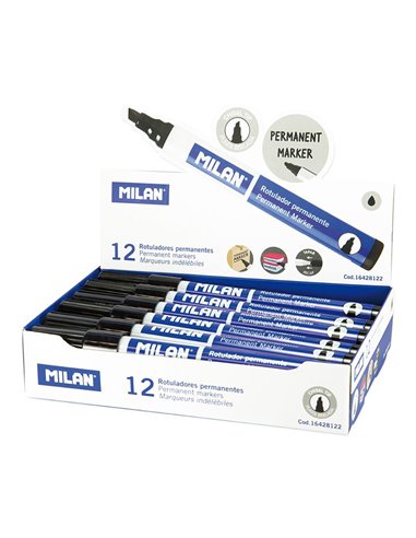 Caja con 12 rotuladores permanentes. punta biselada negro milan