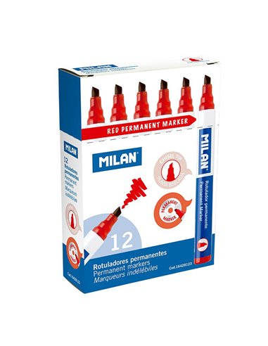 Caja con 12 rotuladores permanentes. punta biselada rojo milan