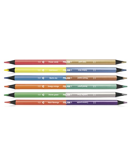 Caja con 6 lápices bicolor triangulares madera negra (colores fluo + metalizados) milan