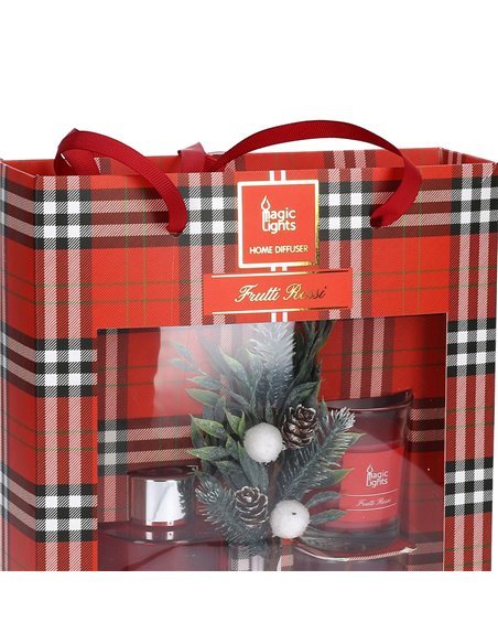 Estuche mikado difusor + 2 velas frutos rojos magic lights