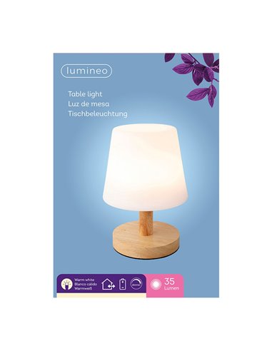 Lámpara led de mesa color blanco para exterior y interior 22cm con acabado en madera. 894386