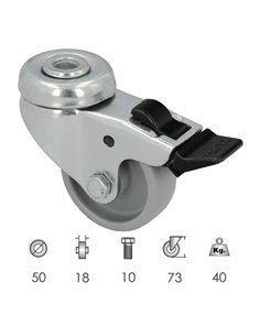 Roda doméstica Ø 50 mm. Furo passante Ø 10 mm. Com freio