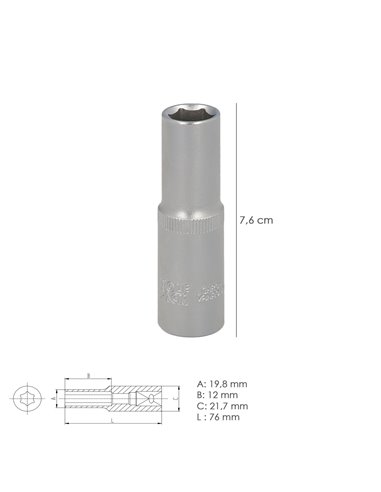 Llave Vaso 1/2" Hexagonal Larga 13 mm.