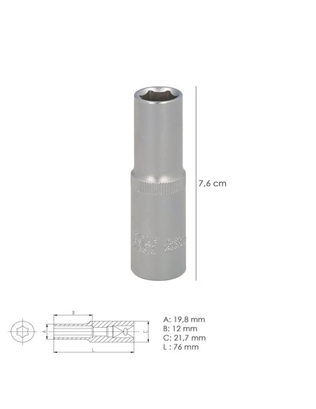 Llave Vaso 1/2" Hexagonal Larga 13 mm.