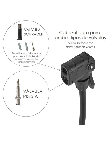 Bomba Inflar Con Manometro. Doble Boquilla Para Valvula Presta y Schrader. Con Adaptadores. Ø 32 x 500 mm.