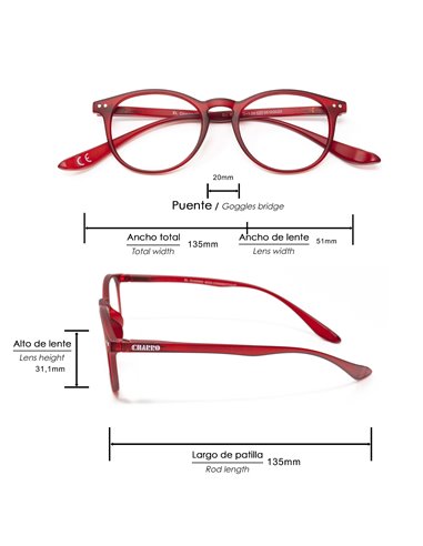 Gafas Lectura Connecticut Color Rojo Aumento +1,5 Patillas Para Colgar del Cuello