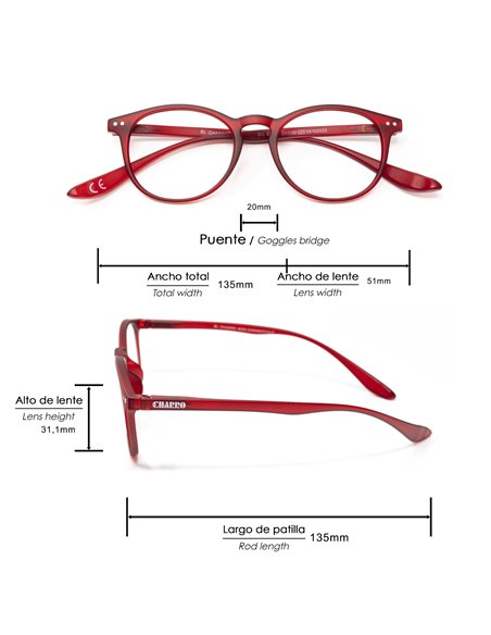 Gafas Lectura Connecticut Color Rojo Aumento +3,0 Patillas Para Colgar del Cuello