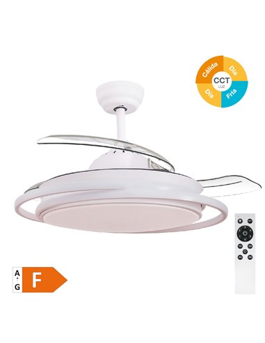 Ventilador techo Bauala con luz CCT regulable y mando Ø107 3 aspas retráctiles DC Blanco