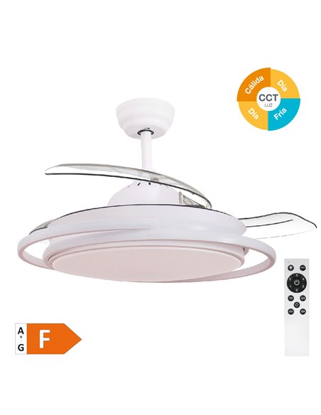Ventilador techo Bauala con luz CCT regulable y mando Ø107 3 aspas retráctiles DC Blanco