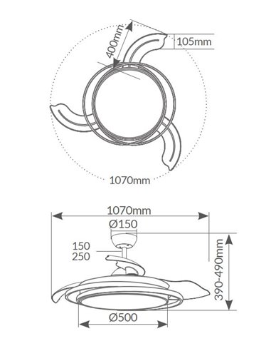 Ventilador techo Bauala con luz CCT regulable y mando Ø107 3 aspas retráctiles DC Negro