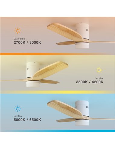Ventilador techo Kasama con luz CCT regulable y mando Ø132 3 aspas DC Blanco