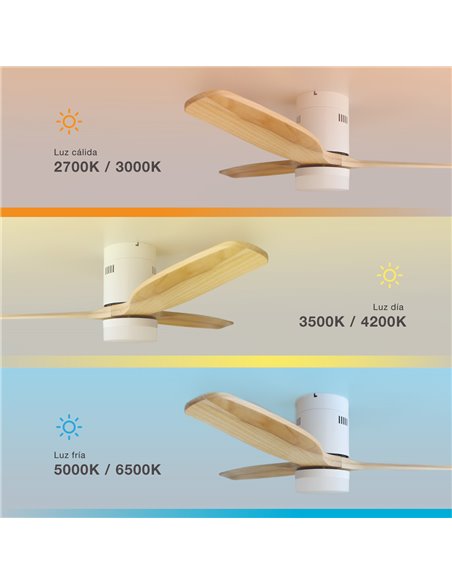 Ventilador techo Kasama con luz CCT regulable y mando Ø132 3 aspas DC Blanco
