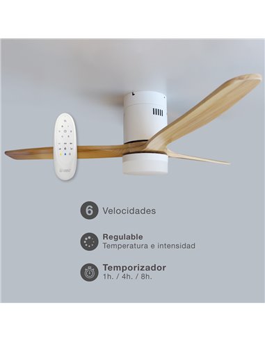 Ventilador techo Kasama con luz CCT regulable y mando Ø132 3 aspas DC Blanco