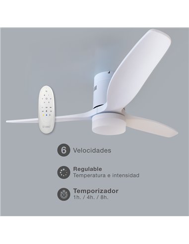 Ventilador techo Kasama con luz CCT regulable y mando Ø132 3 aspas DC Blanco