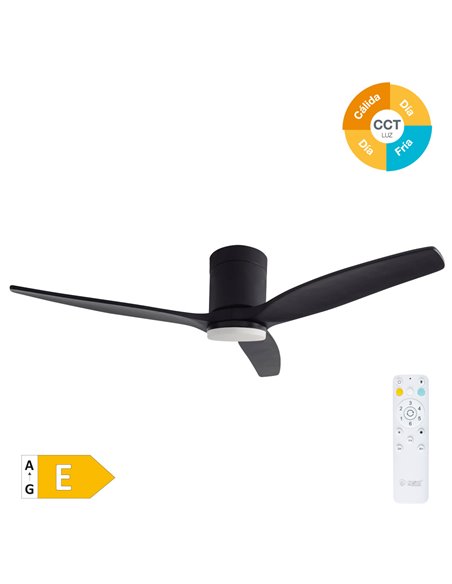 Ventilador techo Kasama con luz CCT regulable y mando Ø132 3 aspas DC Negro