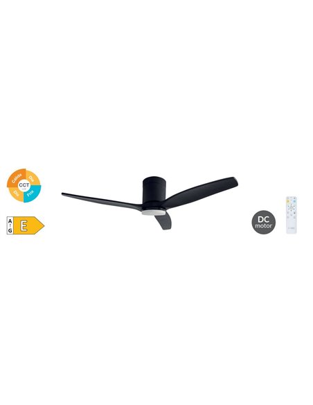 Ventilador techo Kasama con luz CCT regulable y mando Ø132 3 aspas DC Negro