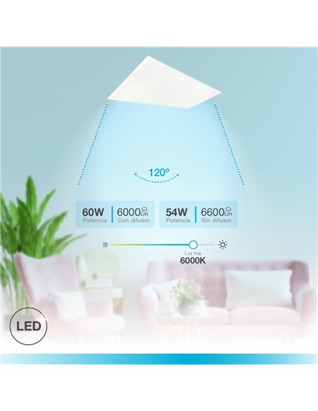 Panel empotrable LED rectangular Luena 119,5x59,5cm 60W 6000K Blanco