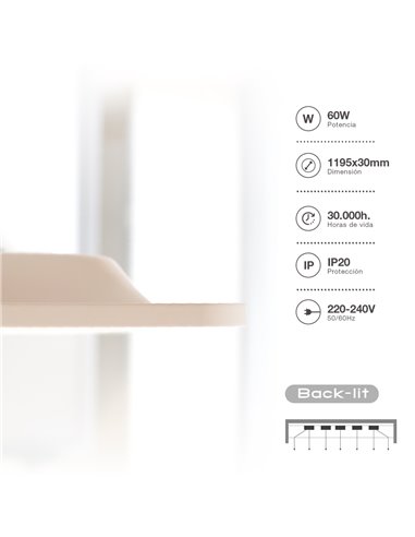 Panel empotrable LED rectangular Luena 119,5x59,5cm 60W 6000K Blanco