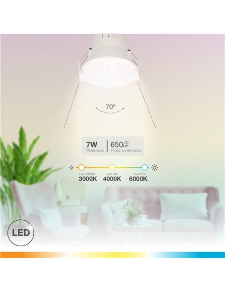 Aro rendondo empotrable LED Mandani 7W 3000-4000-6500K antideslumbramiento Blanco