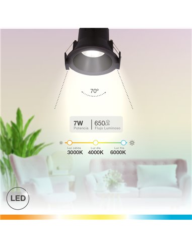 Aro rendondo empotrable LED Mandani 7W 3000-4000-6500K antideslumbramiento Negro