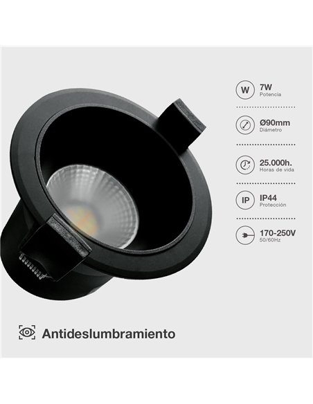 Aro rendondo empotrable LED Mandani 7W 3000-4000-6500K antideslumbramiento Negro