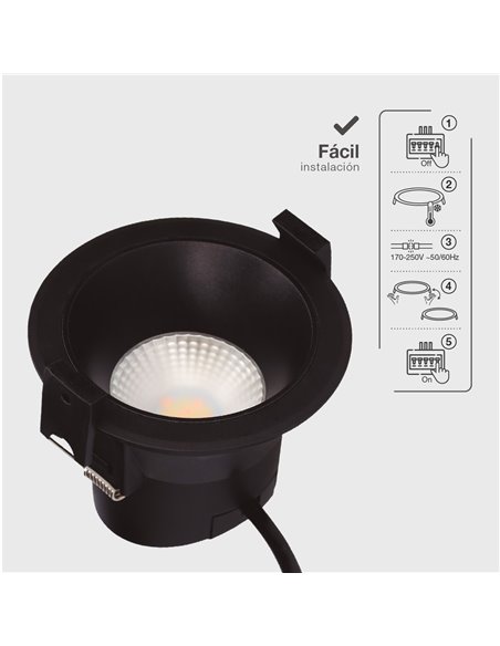 Aro rendondo empotrable LED Mandani 7W 3000-4000-6500K antideslumbramiento Negro