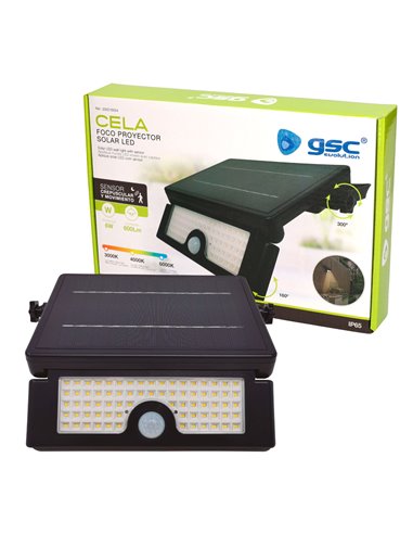 Foco proyector solar LED Cela con sensor de movimiento y crepuscular 6W 3000 - 4000 - 6000K IP54 Negro