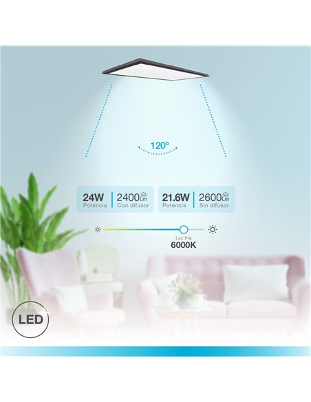 Painel LED retangular Kisongo 60x30cm 24W 6000K Preto