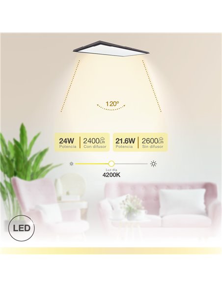 Panel superficie LED rectangular Kisongo 60x30cm 24W 4200K Negro