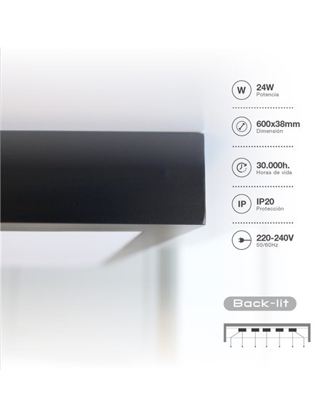 Panel superficie LED rectangular Kisongo 60x30cm 24W 4200K Negro