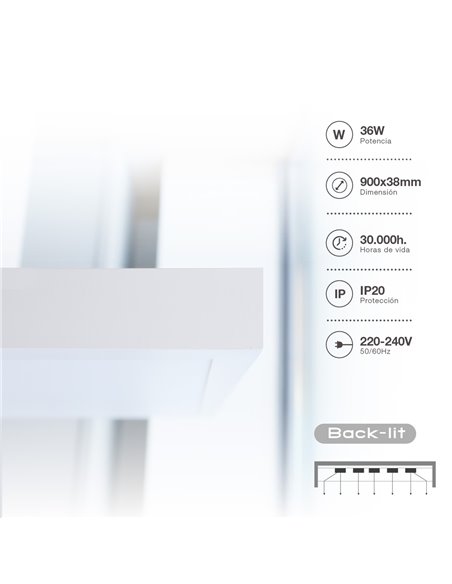 Panel superficie LED rectangular Kisongo 90x30cm 36W 6000K Blanco