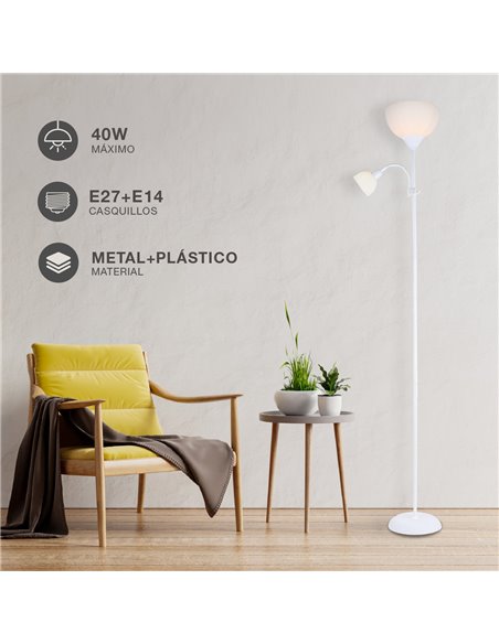 Lámpara de pie Serie Nawis 1760mm E27 con luz de lectura E14 Blanco