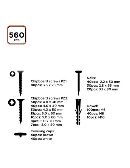 Surtido de tornillos/tacos/clavos 560 piezas black+decker