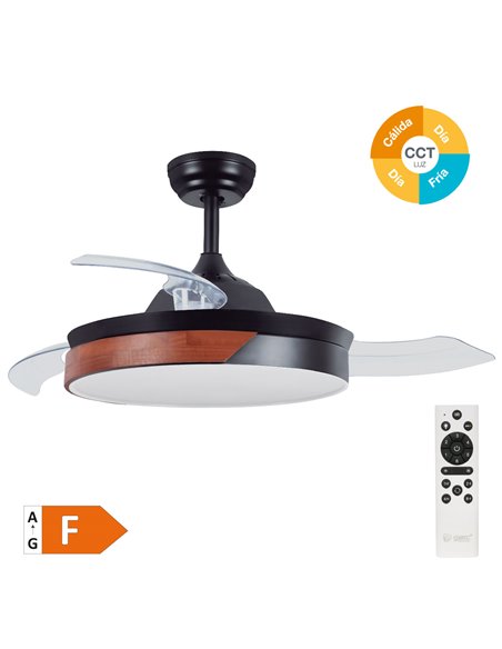 Ventilador techo Likasi con luz CCT regulable y mando Ø107 3 aspas retráctiles DC Negro