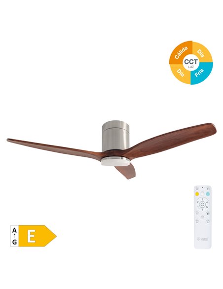 Ventilador techo Kasama con luz CCT regulable y mando Ø132 3 aspas DC Níquel