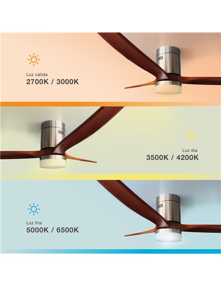Ventilador techo Kasama con luz CCT regulable y mando Ø132 3 aspas DC Níquel