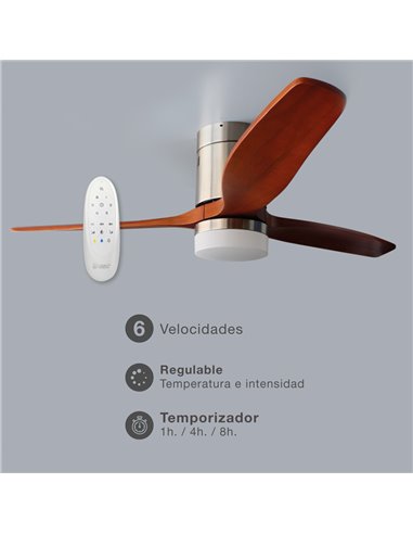 Ventilador techo Kasama con luz CCT regulable y mando Ø132 3 aspas DC Níquel