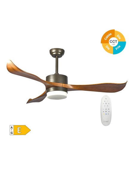 Ventilador techo Kota con luz CCT regulable y mando Ø132 3 aspas DC Café