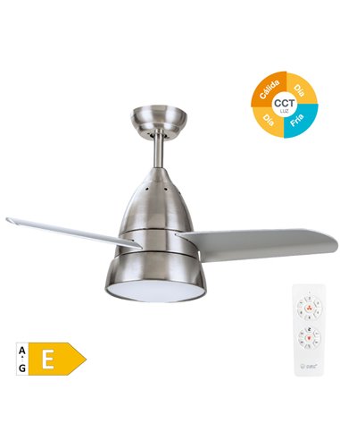Ventilador techo Kidau con luz CCT regulable y mando Ø91 3 aspas Níquel