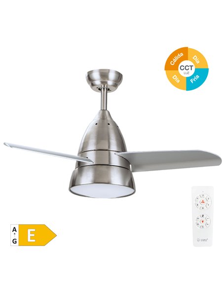 Ventilador techo Kidau con luz CCT regulable y mando Ø91 3 aspas Níquel