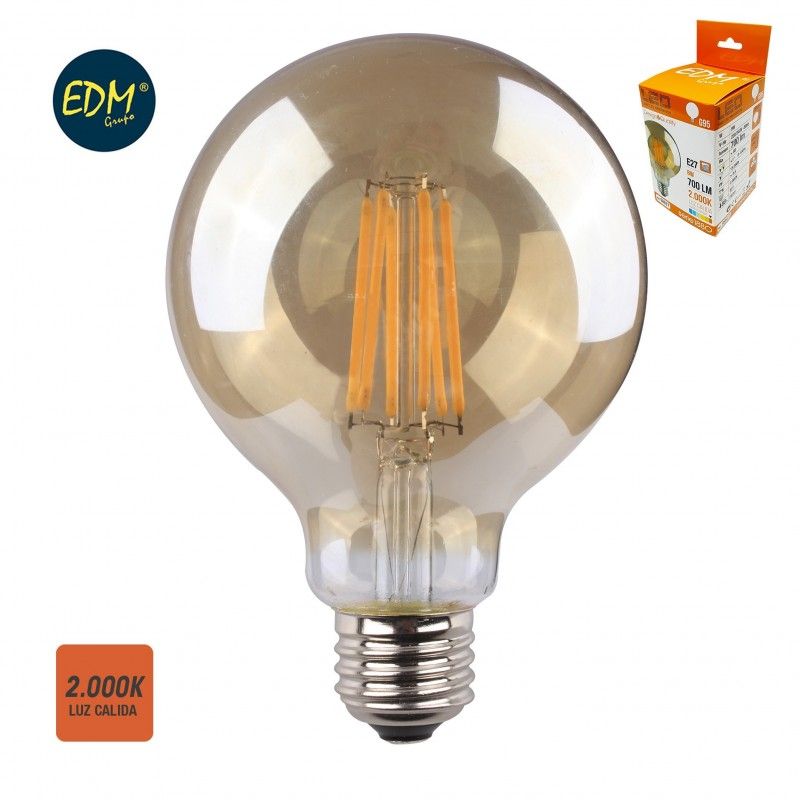 Lâmpada LED EDM de filamento vintage globo de vidro E27 8W 720lm 2000K luz quente Ø9,5x14cm