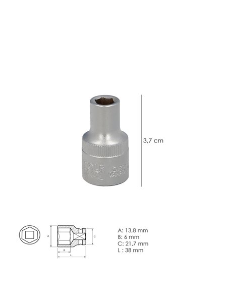 Llave Vaso 1/2" Hexagonal 8 mm. Perfil de 6 caras. Acero Cromo Vanadio, Aristas Redondas