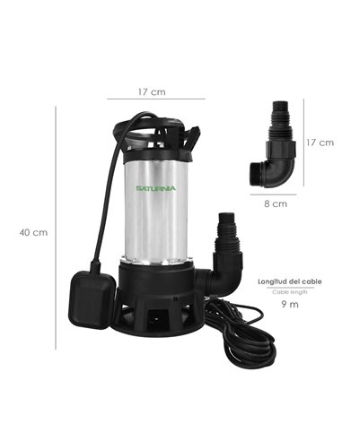 Bomba Aguas Sucias Sumergible Inoxidable 1.300 W. 25.000 lts/hora, Profundidad 7 Mts, Elevación 11 mts. Particulas max. Ø 38 mm.