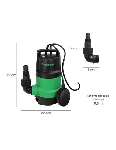 Bomba Aguas Sucias Sumergible 450 W. 8.000 lts/hora, Profundidad 5  Mts, Elevación 5,5 mts. Particulas max. Ø 30 mm.