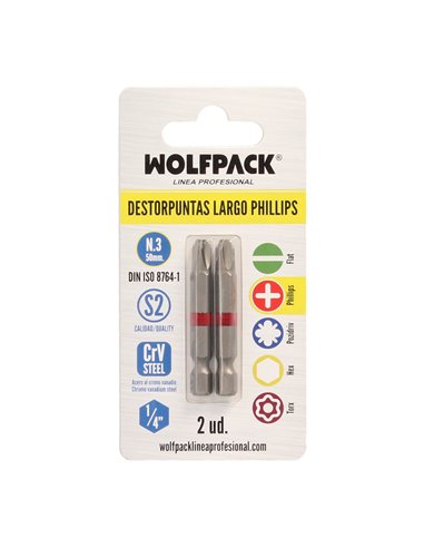 Puntas Largas Destornillador Phillips Nº 3 (2 Piezas). Acero S2 al Cromo Vanadio. Puntas Hexagonales, Destorpuntas,