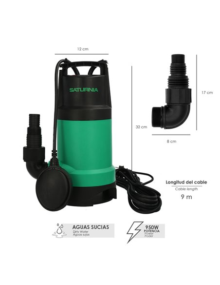 Bomba Aguas Sucias Sumergible 950 W. 14.000 lts/hora, Profundidad 7 Mts, Elevación 10 mts. Particulas max. Ø 30 mm.
